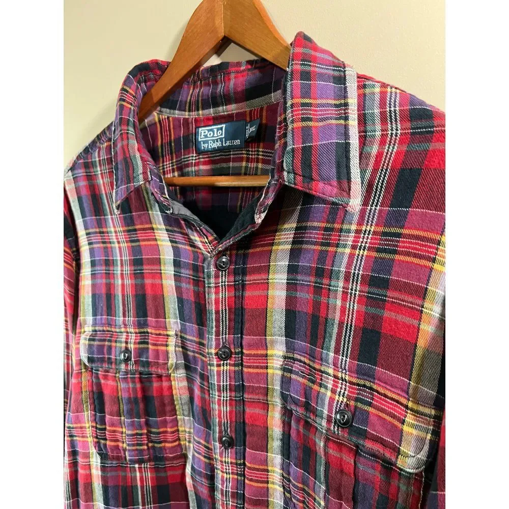 Polo Ralph Lauren Classic Red Plaid Button-Down Flannel Shirt Casual Long Sleeve